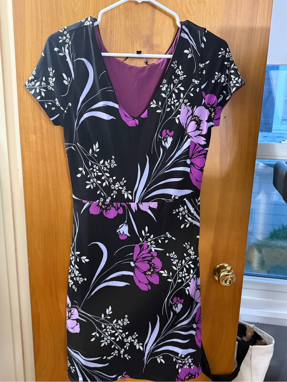 White House Black Market Black Dress with Purple Floral Print - Picture 5 of 9